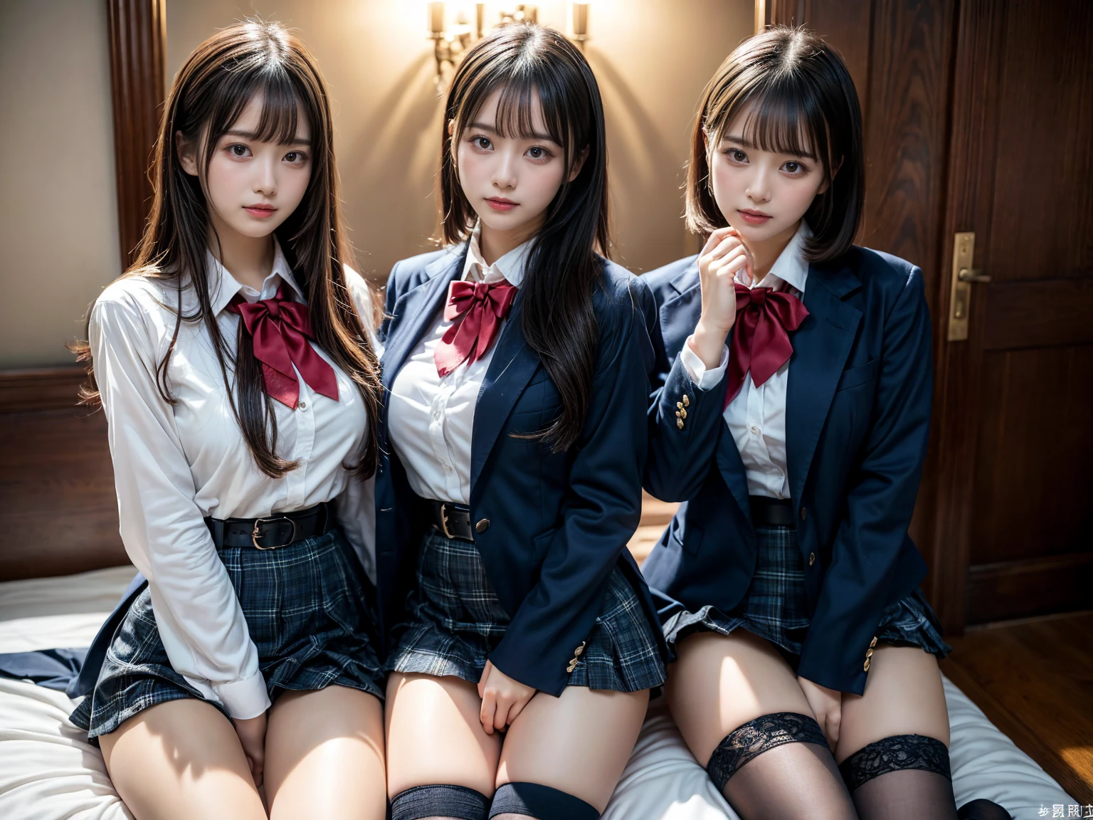 (8K, Raw photography, top-quality, masterpiece:1.2), master piece, best quality, illustration, Super detailed, fine details, High resolution, 8K,wall paper, perfect dynamic composition,(Details High quality, realistic depiction of eyes:1.3), ((2 girls, 2 girls)), The background is a luxury hotel room、High school girl uniform、blazer 、Super Short Check Uniform Skirt、Navy blue high socks、garterbelts、Colossal tits、Disturbed uniform, Play with each other,Touching each other's bodies,Touching the body of the girl next door, short bob hair, black hair color, huge breasts, Big Natural Color Lip, bold sexy pose, (perfect body shape), crying a little、cold gaze, Beautiful makeup,glitter makeup,Cutest 18 years old, beautiful legs, hposing Gravure Idol, Voluptuous thighs