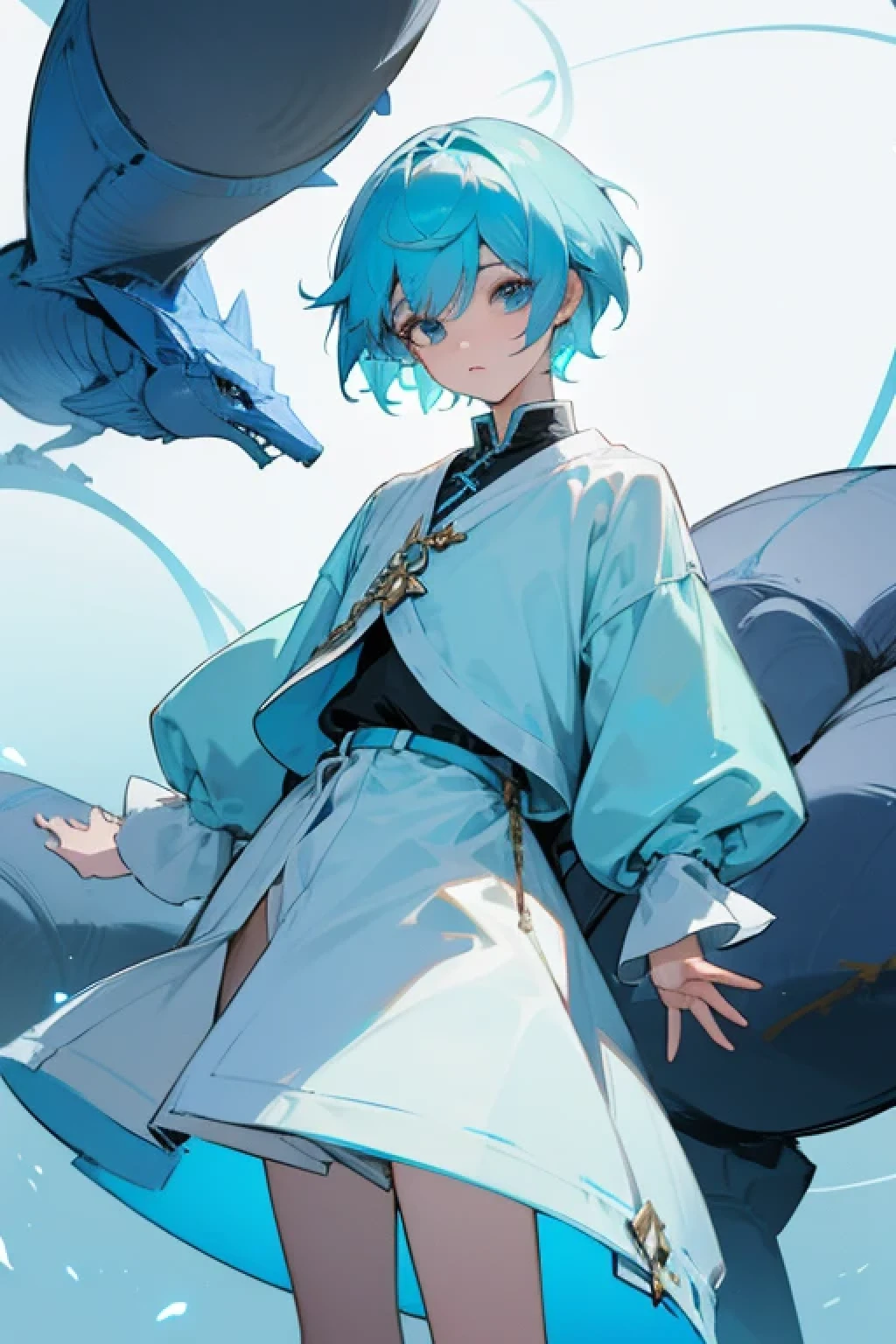 Light blue short hair and androgynous、Clothes are fantasy