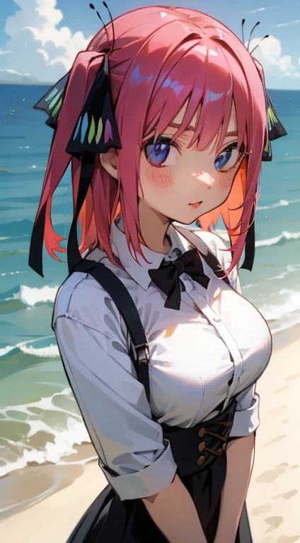 アニメ, looks at viewer, mar, pink hair, two black and blue butterfly bows, 比基尼, beachfront, Panas, breasts big