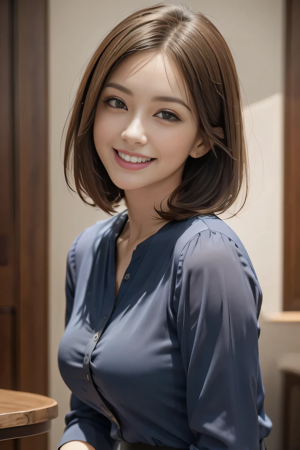 (Surreal), (shape), (Increased resolution), (8k), (Very detailed), (Best shape), (Beautiful and detailed), (Highest quality), (Very detailedな), (masterpiece ), ( wallpaper), (Detailed face), 1 girl, 44 years old, grin, Blue blouse and tight mini skirt, Looking at the audience, The finer details, Detailed face, In the Dark, Deep Shadow, secret key, Beautiful Face, Bob Hair