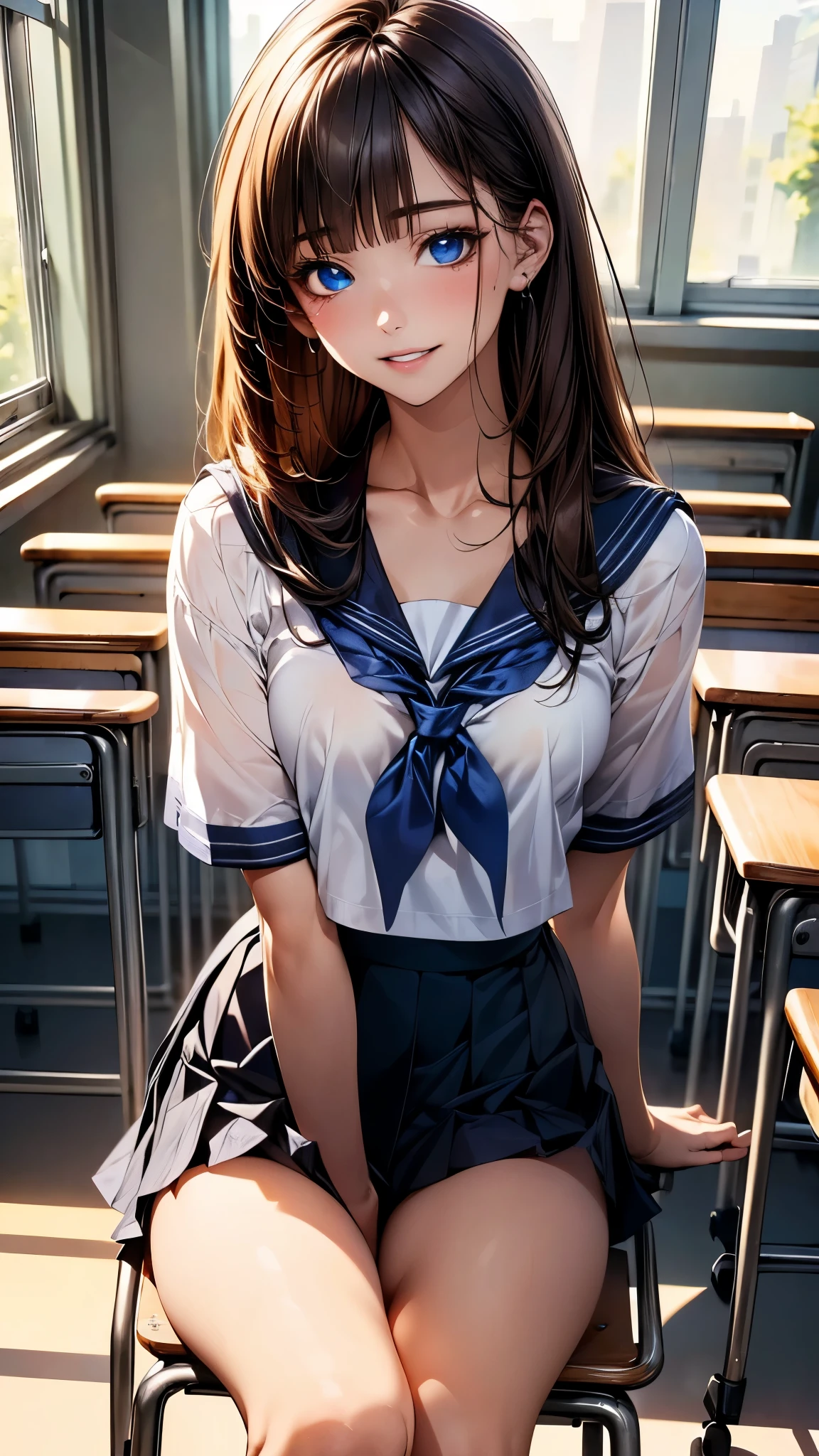 (masterpiece:1.2, top-quality), (realistic, photorealistic:1.4), beautiful illustration, (natural side lighting, movie lighting), depth of fields, ,
beautiful detailed hair, beautiful detailed face, beautiful detailed eyes, beautiful clavicle, beautiful body, beautiful chest, beautiful thigh, beautiful legs,
looking at viewer, 1 girl, 18 years old, (perfect anatomy, anatomically correct, super detailed skin), cute and symmetrical face, perfect face, perfect eyes,
(long hair, straight hair, sideburns, brown hair), blunt bangs, break blue eyes, big eyes, gorgeous eyes, long eye lasher, (small breasts, seductive thighs), perfect body, oily skin,
(short sleeve, sailor suit, pleated mini skirt, blue neckerchief),
(beautiful scenery), evening, (classroom:1.2), sitting on chair, (lovely smile, parted lips),