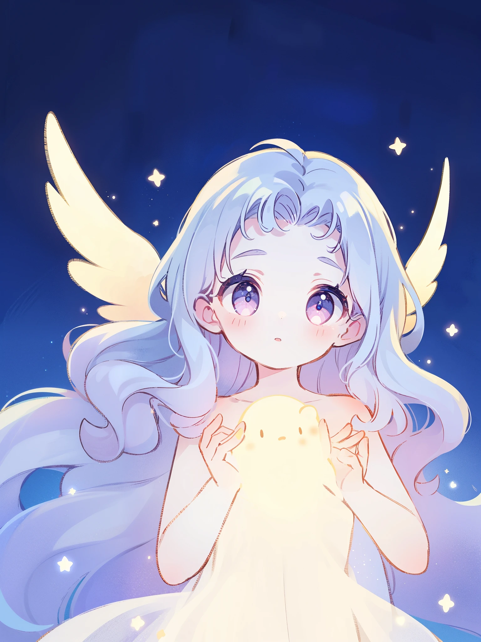 nude angel girl wearing an ethereal translucent dress, pale skin, ((wavy gradient blue purple hair)), white feathers, angel wings, sparkling detailed eyes, golden ratio face, perfect composition, highly detailed, ethereal, (starry night sky background), midjourney style