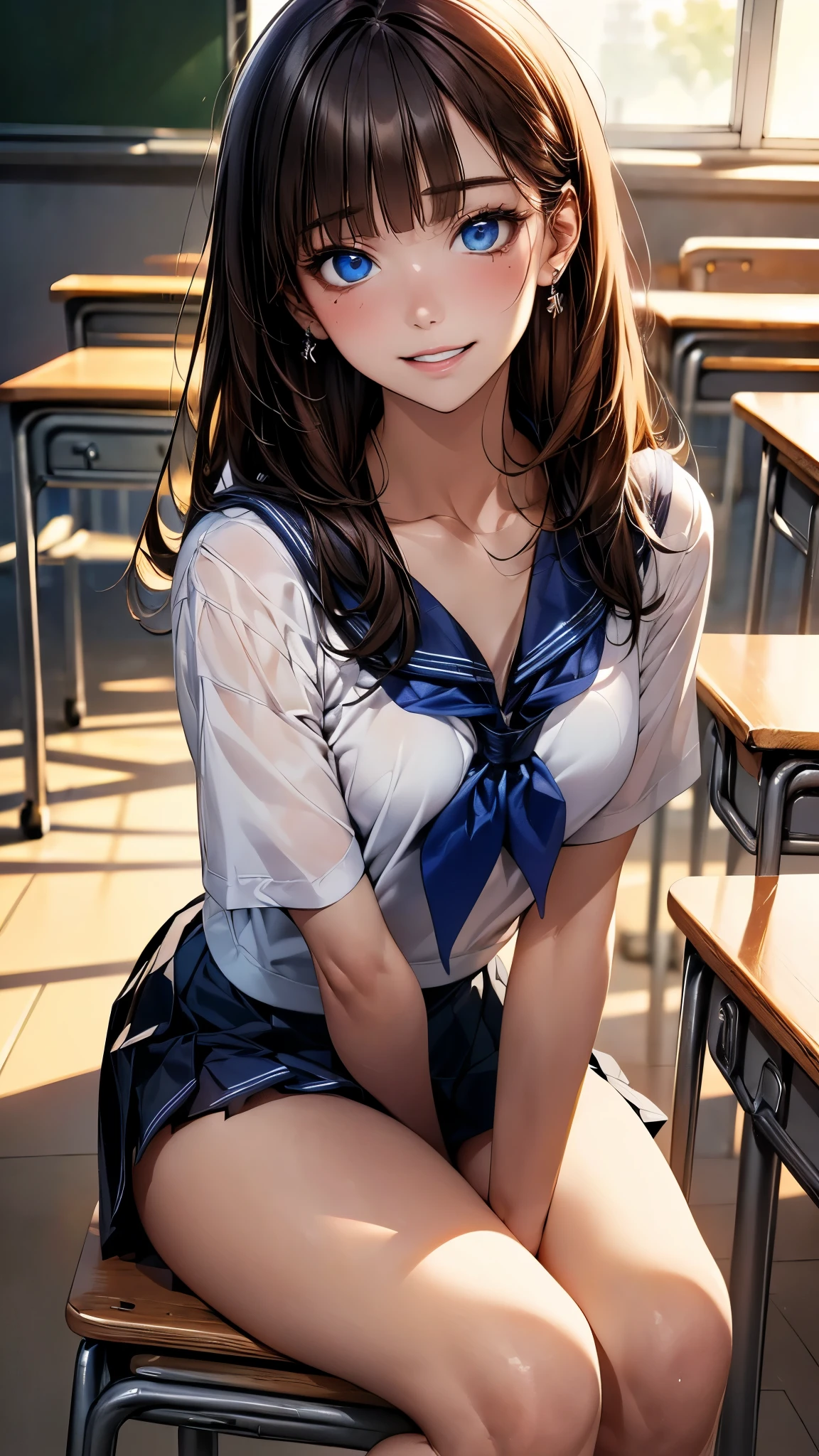 (masterpiece:1.2, top-quality), (realistic, photorealistic:1.4), beautiful illustration, (natural side lighting, movie lighting), depth of fields, ,
beautiful detailed hair, beautiful detailed face, beautiful detailed eyes, beautiful clavicle, beautiful body, beautiful chest, beautiful thigh, beautiful legs,
looking at viewer, 1 girl, 18 years old, (perfect anatomy, anatomically correct, super detailed skin), cute and symmetrical face, perfect face, perfect eyes,
(long hair, straight hair, sideburns, brown hair), blunt bangs, break blue eyes, big eyes, gorgeous eyes, long eye lasher, (small breasts, seductive thighs), perfect body, oily skin,
(short sleeve, sailor suit, pleated mini skirt, blue neckerchief),
(beautiful scenery), evening, (classroom:1.2), sitting on chair, (lovely smile, parted lips),