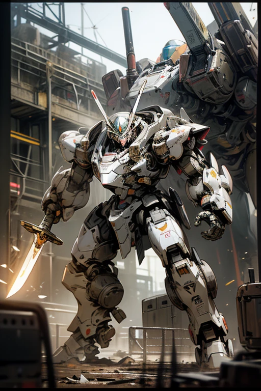 knight armor massive,mobile suits,(roboT brasched:1.3),METAL,roboT,meca,droid,heaby armor massive,human_not,anime style,holding_sword,masterpiece,masterpiece,best quality,super detailed,super fine illustration,8k,dynamic' angle,industry meca design,giant size.Break in battlefield,cigarette,explosion,collapse building,detailed background.Break the roboT is running foward.