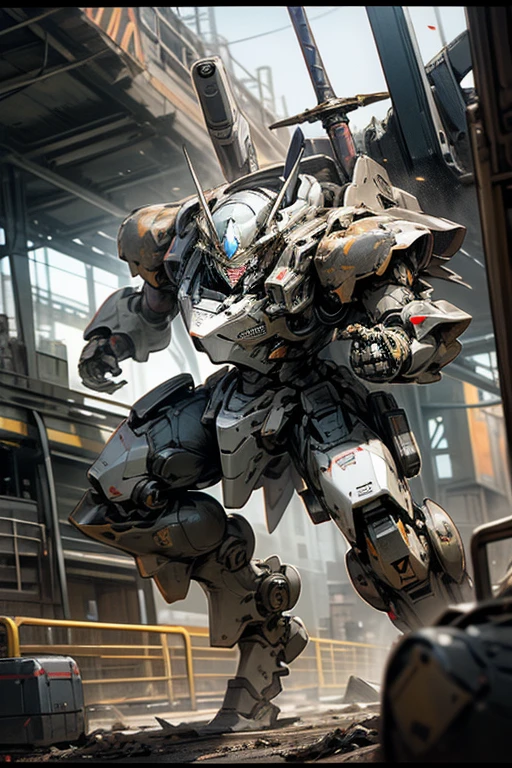 knight armor massive,mobile suits,(roboT brasched:1.3),METAL,roboT,meca,droid,heaby armor massive,human_not,anime style,holding_sword,masterpiece,masterpiece,best quality,super detailed,super fine illustration,8k,dynamic' angle,industry meca design,giant size.Break in battlefield,cigarette,explosion,collapse building,detailed background.Break the roboT is running foward.