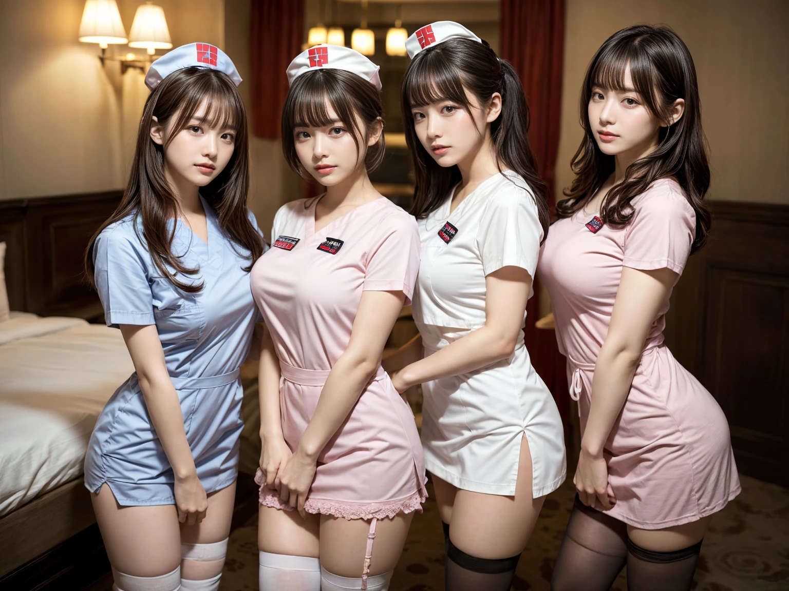 masterpiece, best quality, illustration, Super detailed, fine details, High resolution, 8K,wall paper, perfect dynamic composition,(Details High quality, realistic depiction of eyes:1.3), (3 girls), ((nurse cap, short sleeves, light pink nurse wear, ((white legwear, zettai ryouiki)))), sitting, open legs, short bob hair, in a hotel room in the background, deep on field, large breasts, black hair color, Big Natural Color Lip, (perfect body shape), crying a little、Harajuku style、20 year old girl、cute type、beautiful legs, Gravure Idol