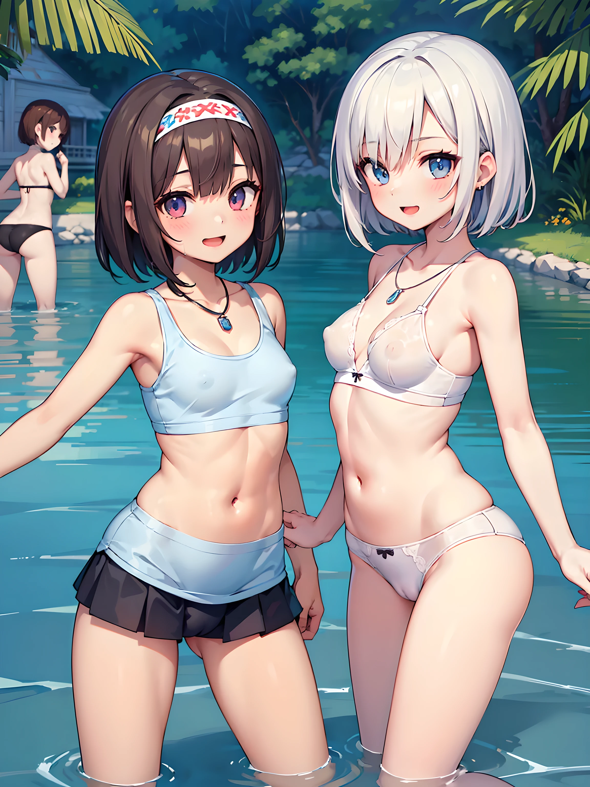 ((highest quality)), ((masterpiece)), (Cute Girl), (multiple girls:1.8), cute girls are posing for a camera outdoors in the water, shirtをつかむ, stand side by side, perfect face, smile, (open your mouth and laugh:1.3), shy look, (Precise fingers:1.3), hair band, headband, hair bobbles, blouse, shirt, I can see my underwear, (pastel colored underwear), high definition eyes, precise eyes, (high definition eyes:1.8), (high definition finger 1.8), light smile, small breasts, breasts, realistic, , 5 years oldld, 7 years ocks, short sk Westerner, silver hair, brown hair, blond hair, navel, jewelry, looking at viewer, necklace, water, small breasts, wet, long hair, short hair, abs, erect nipples under clothes, cameltoe
