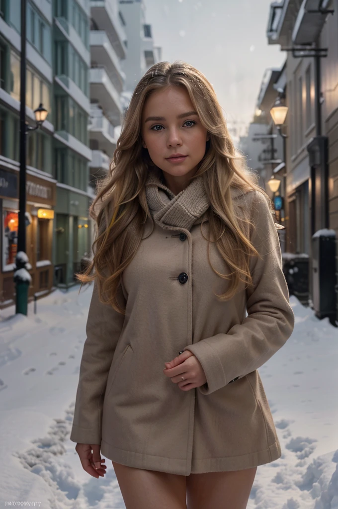 professional portrait photograph of a gorgeous Norwegian girl in winter clothing with long wavy blonde hair, sultry flirty look, gorgeous symmetrical face, cute natural makeup, wearing elegant warm winter fashion clothing, ((standing outside in snowy city street)), stunning modern urban environment, ultra realistic, concept art, elegant, highly detailed, intricate, sharp focus, depth of field, f/1. 8, 85mm, medium shot, mid shot, (((professionally color graded))), bright soft diffused light, (volumetric fog), trending on instagram, hdr 4k, 8k