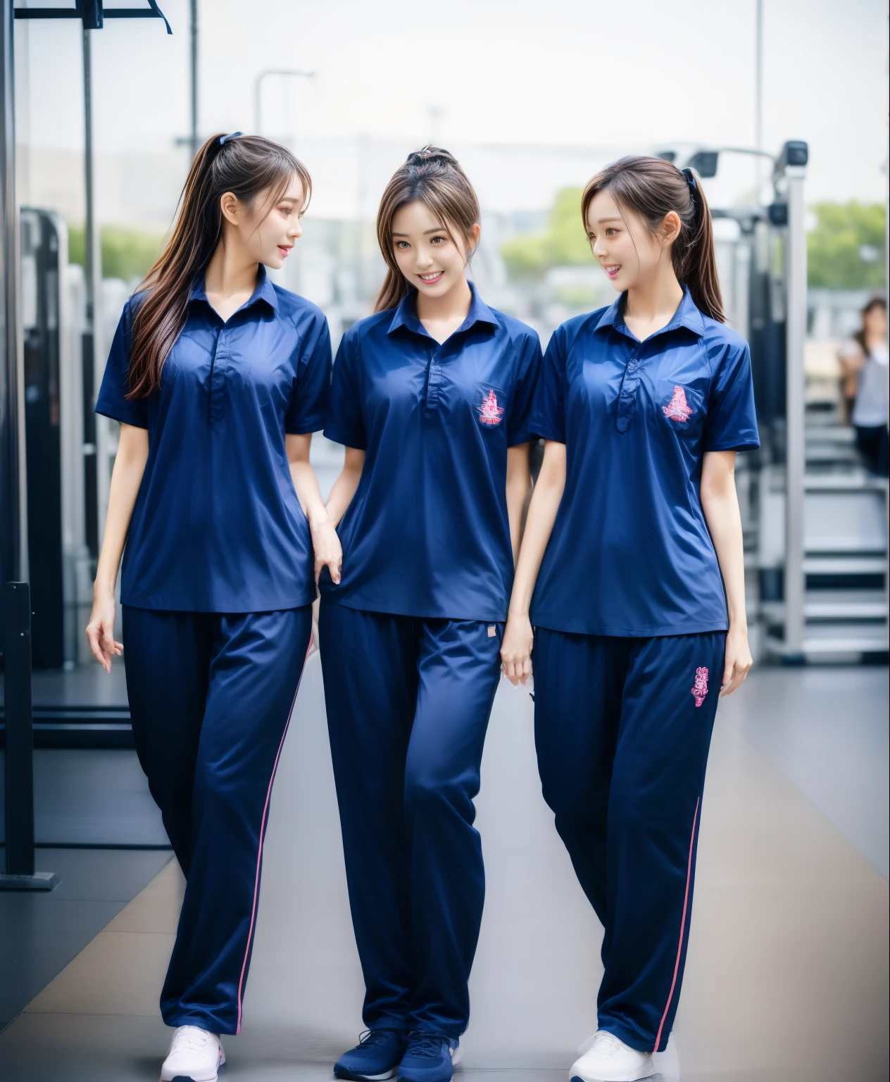 3 girls in fitness center, Navy blue short-sleeved shirt,Navy Long Trackpant,Sweatpants, Sweatpantsขายาว,25 year old girl, lesbian, sexy, exercise clothes, wet body, exercise clothes