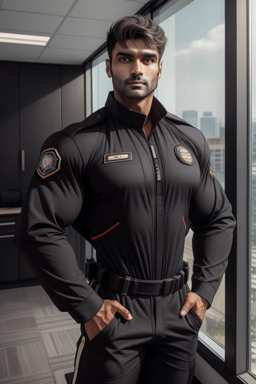 indian gurjar 40 years old hunk in navy security guard uniform with batches on shirt and huge bulge