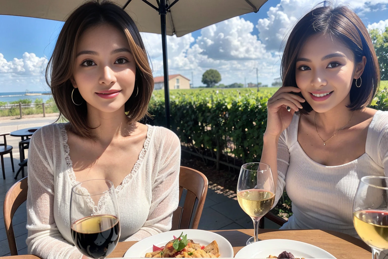 (Realistic:1.1),(masterpiece,Highest quality),8k,(49 years old), 53 years old, ベリーslimボディ、slimカップル、Tight waist,Upper Body,full-course dinner、wine 、Amazing view of the sunset sky and clouds、Perfect Anatomy, Brown Hair, short hair,Random Hairstyles,((Highly detailed face and eyes:1.2)),Perfect golden ratio face,Long sleeve shirt、dress,(smile:1.2)、Shortcuts、cute、(Realistic, Intricate details:1.2), A bright smile、short hair,Bright Face、赤wine 、Appetizers、Italian food、wine bottle、Champagne、スパークリングwine、(slimな顔), (The body is slim), (Brown Hair), (Shortcuts), Upper Body, 白wine, slim, wineグラス,