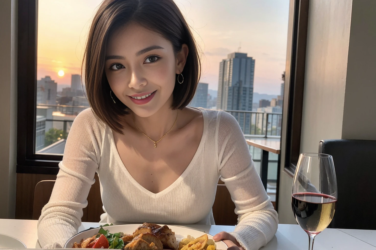(Realistic:1.1),(masterpiece,Highest quality),8k,(49 years old), 53 years old, ベリーslimボディ、slimカップル、Tight waist,Upper Body,full-course dinner、wine 、Amazing view of the sunset sky and clouds、Perfect Anatomy, Brown Hair, short hair,Random Hairstyles,((Highly detailed face and eyes:1.2)),Perfect golden ratio face,Long sleeve shirt、dress,(smile:1.2)、Shortcuts、cute、(Realistic, Intricate details:1.2), A bright smile、short hair,Bright Face、赤wine 、Appetizers、Italian food、wine bottle、Champagne、スパークリングwine、(slimな顔), (The body is slim), (Brown Hair), (Shortcuts), Upper Body, 白wine, slim, wineグラス,