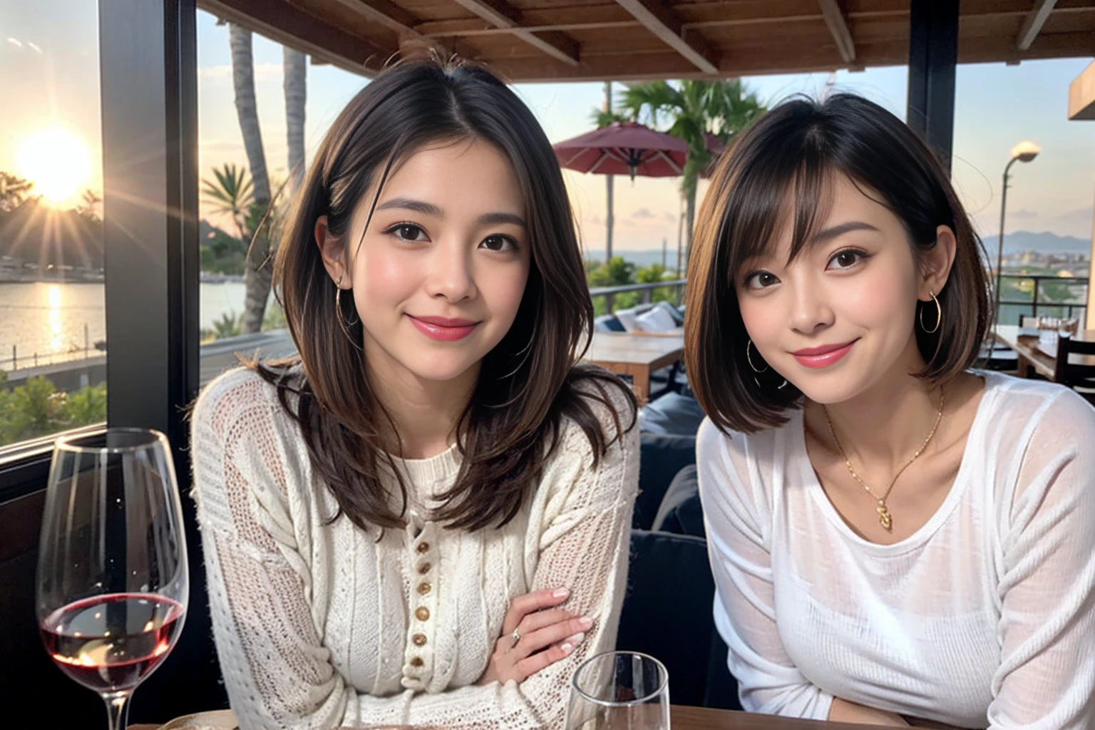 (Realistic:1.1),(masterpiece,Highest quality),8k,(49 years old), 53 years old, ベリーslimボディ、slimカップル、Tight waist,Upper Body,full-course dinner、wine 、Amazing view of the sunset sky and clouds、Perfect Anatomy, Brown Hair, short hair,Random Hairstyles,((Highly detailed face and eyes:1.2)),Perfect golden ratio face,Long sleeve shirt、dress,(smile:1.2)、Shortcuts、cute、(Realistic, Intricate details:1.2), A bright smile、short hair,Bright Face、赤wine 、Appetizers、Italian food、wine bottle、Champagne、スパークリングwine、(slimな顔), (The body is slim), (Brown Hair), (Shortcuts), Upper Body, 白wine, slim, wineグラス,