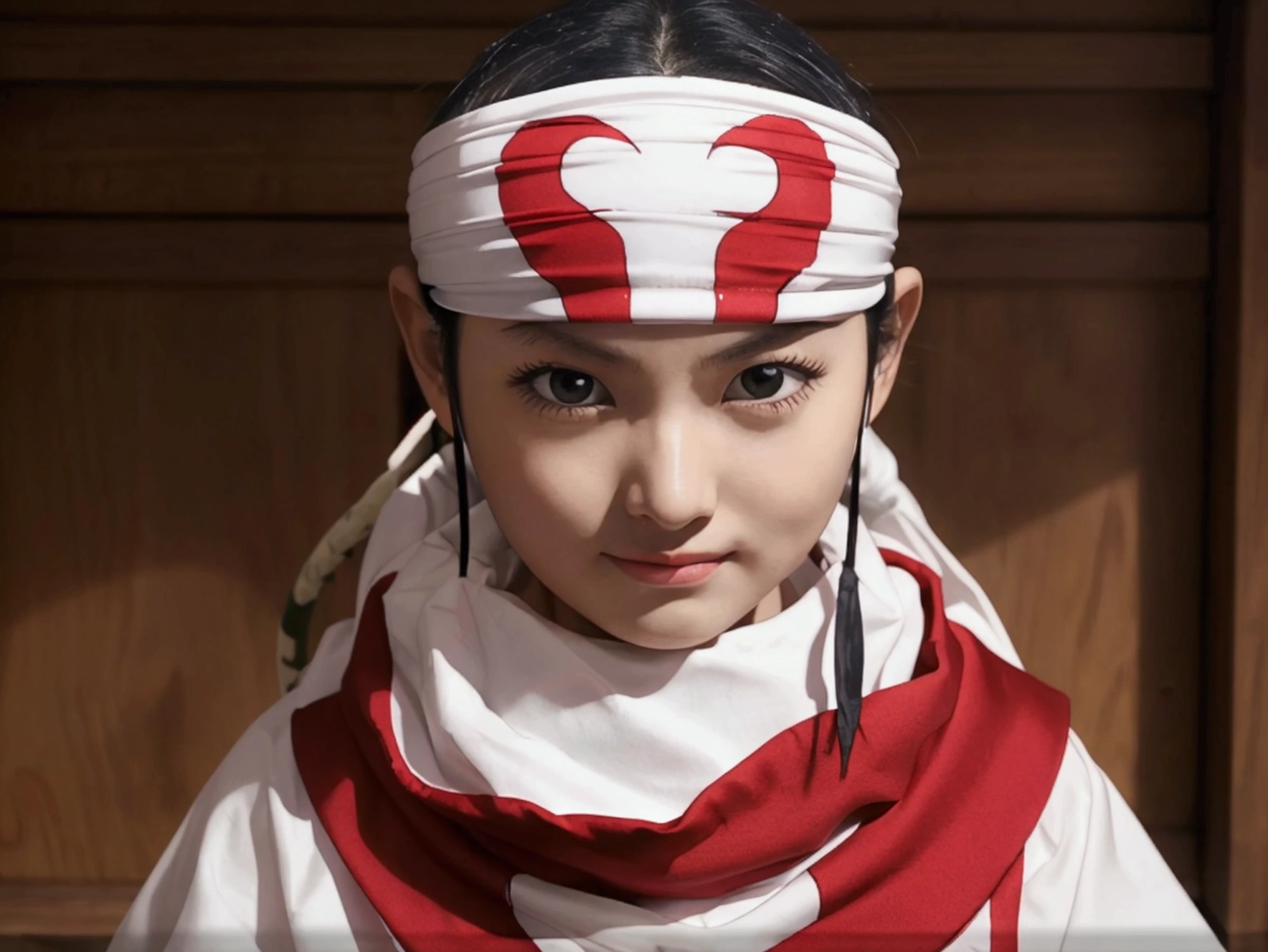 child standing bandana on forehead cowl kyoukai sweet child guarding small room sentry cowboy shot evil smile