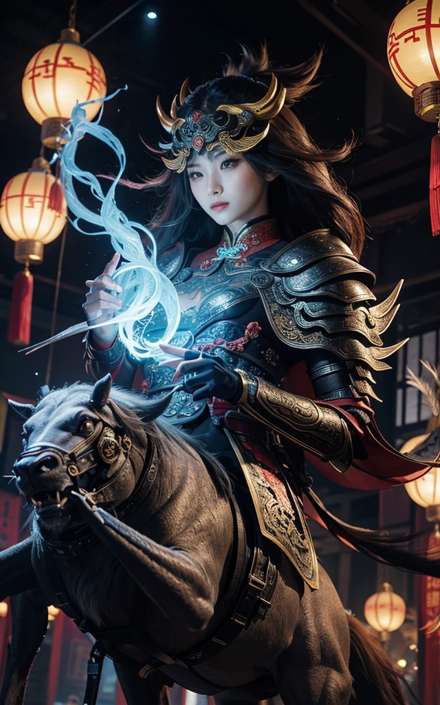 (Chinese woman riding a Chinese mythical beast),Kirin,Wearing future armor combined with the characteristics of Chinese armor,hollow-carved design,Power Armor,Mysterious oriental runes,Exquisite clothing patterns,Long hair fluttering in the wind,现代Fantasy风格,photography,Light Solution,real,Fantasy,Science Fiction