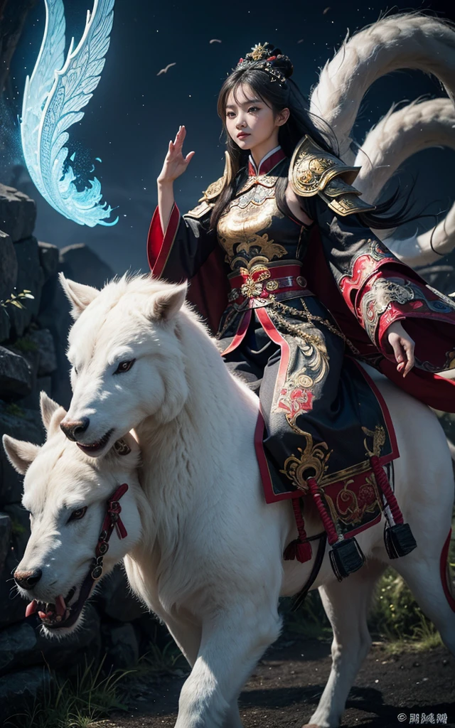 (Chinese woman riding a Chinese mythical beast),Kirin,Wearing future armor combined with the characteristics of Chinese armor,hollow-carved design,Power Armor,Mysterious oriental runes,Exquisite clothing patterns,Long hair fluttering in the wind,现代Fantasy风格,photography,Light Solution,real,Fantasy,Science Fiction