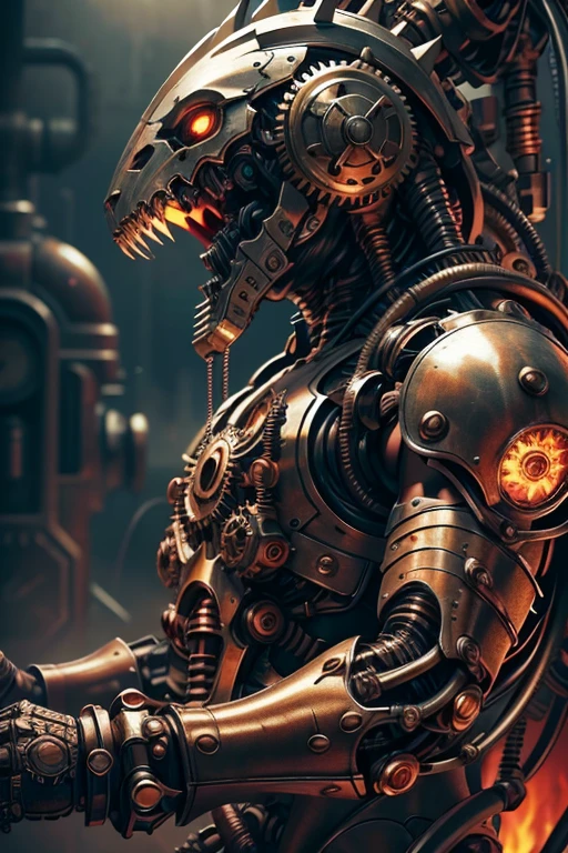 Mechanical Demon monster, gears, wires, metal plating, clock gears, electric wires, mechanical limbs, industrial body, electricity, fire smoke, detailed face features, bronze light eyes, copper tubing, steam powered, photorealistic, 8k, high resolution,
