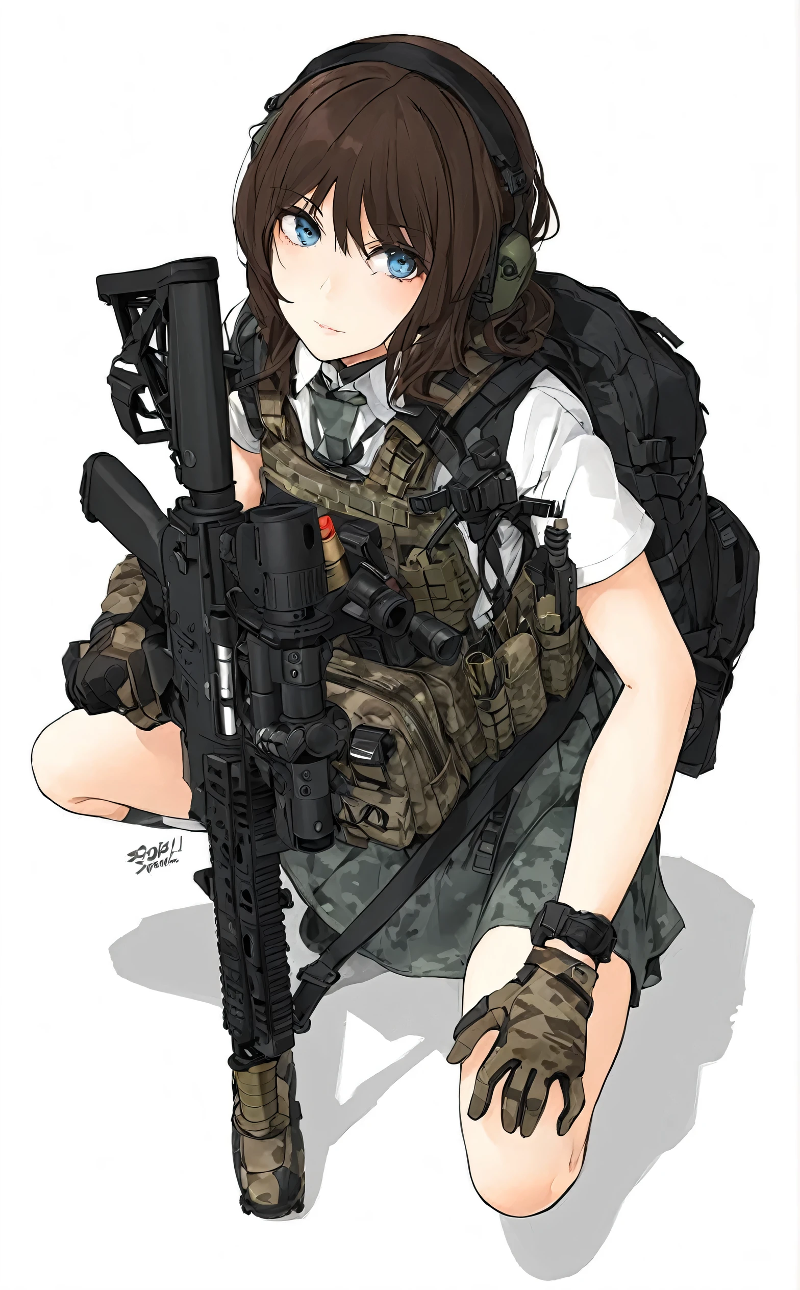 Cartoon picture of girl holding gun and carrying backpack, Bring rifle, mechanized Soldier Girl,Medium chest(1:3) Infantry Girl, m4 sopmod ii girls frontline, sniper girl in war, Soldier Girl, military girl, ready to fight, From Girls Frontline, Hold pdw, Girl front style, Anime machine gun shooting, Full Color色, Wearing tactical gear, Full Color