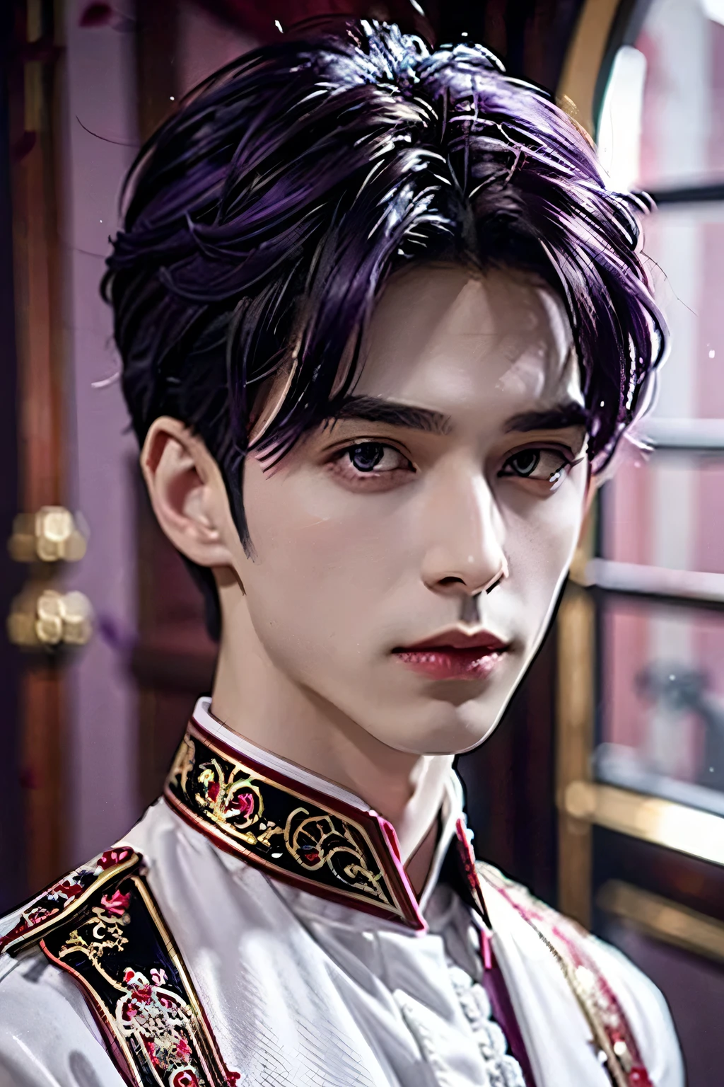 Nunew with prince theme. violet hair and hairstyle. Violet eyes and pale skin. masculine features but delicate and royal features. clothing in red and white tones with decorations of red roses. #### Example prompt: `(best quality,4k,8k,highres,masterpiece:1.2),ultra-detailed,(realistic,photorealistic,photo-realistic:1.37),portrait,close-up` #### Details :- the character is inspired by the Thai actor Chawarin Perdpiriyawong better known as Nunew with purple hair. His vibes exude royalty and majesty, he belongs to royalty. Everything around him makes him look majestic and royal without falling into extravagance. His facial expressions denote sweetness, charm and warmth thus enhancing his innocent aura. The color palette in his clothing varies between red or pink and white, and everything around him creates an excellent parsimony in the image. The image created accurately portrays the featur. es and face of Chawarin Perdpiriyawong nicknamed Nunew. Note: Remember to adhere to the prompt format and avoid adding any unnecessary explanations or sentences. face of Chawarin Perdpiriyawong nicknamed Nunew. exactly the same shape of the eyes and features. circular face not ovalo face. ************. innocence face.