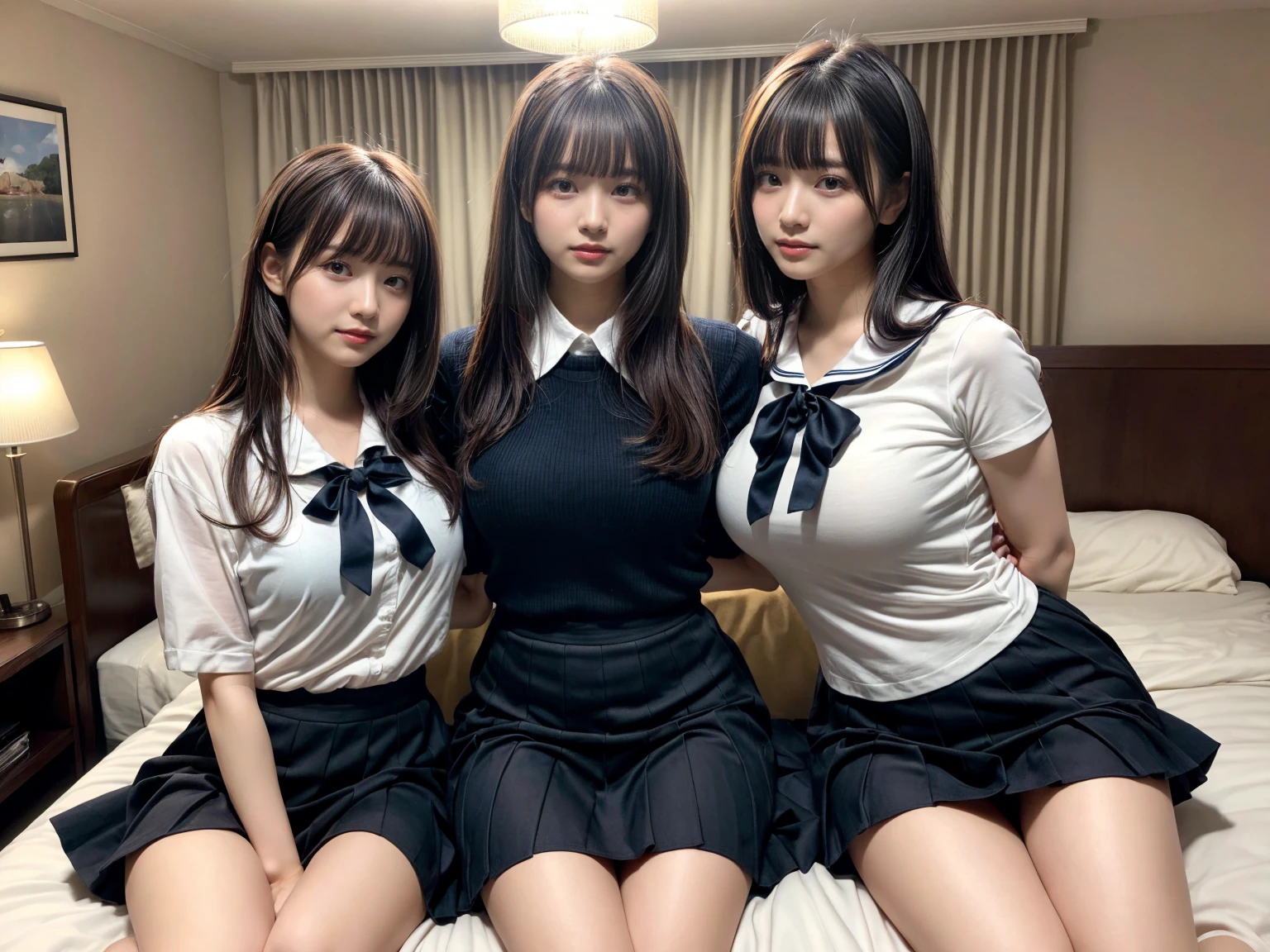 masterpiece, best quality, illustration, Super detailed, fine details, High resolution, 8K,wall paper, perfect dynamic composition,(Details High quality, realistic depiction of eyes:1.3), (3 girls), Black Sailor Uniform, serafuku, Navy pleated skirt, sitting, open legs, short bob hair, in a hotel room in the background, deep on field, large breasts, black hair color, Big Natural Color Lip, (perfect body shape), crying a little、Harajuku style、20 year old girl、cute type、beautiful legs, Gravure Idol