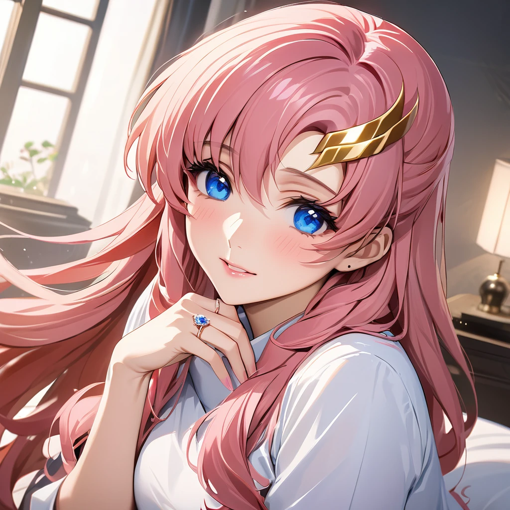 ((Highest quality)), ((masterpiece)), (detailed), (Perfect Face)、The woman is Lacus Clyne, who is married to a Chinese man, and is an ordinary Chinese woman with blue eyes, pink hair, and medium-long hair, wearing an engagement ring.