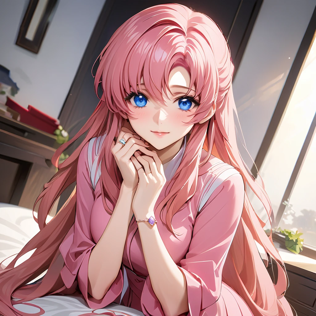 ((Highest quality)), ((masterpiece)), (detailed), （Perfect Face）、The woman is Lacus Clyne, who is married to a Chinese man, and is an ordinary Chinese woman with blue eyes, pink hair, and medium-long hair, wearing an engagement ring.