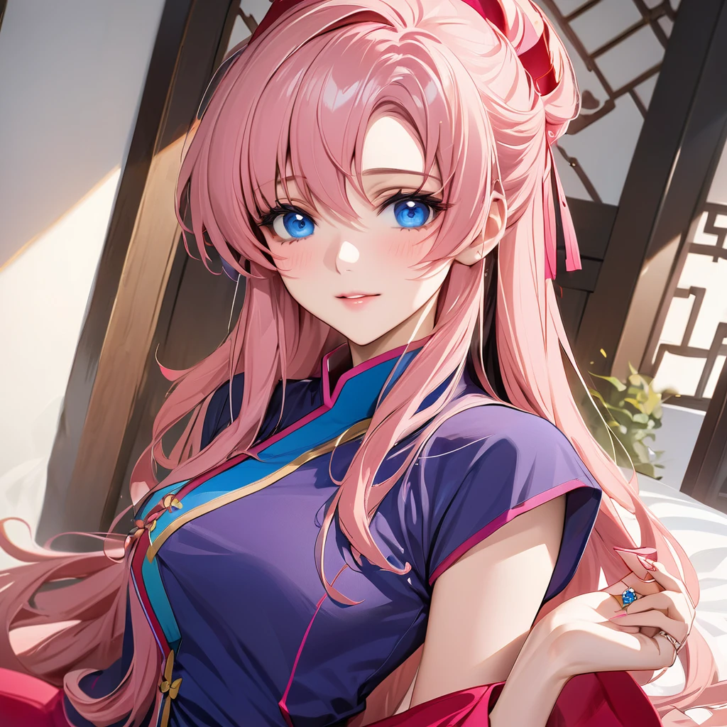 ((Highest quality)), ((masterpiece)), (detailed), （Perfect Face）、The woman is Lacus Clyne, who is married to a Chinese man, and is an ordinary Chinese woman with blue eyes, pink, medium-long hair, and an engagement ring.、The woman is dressed in typical Chinese clothing.