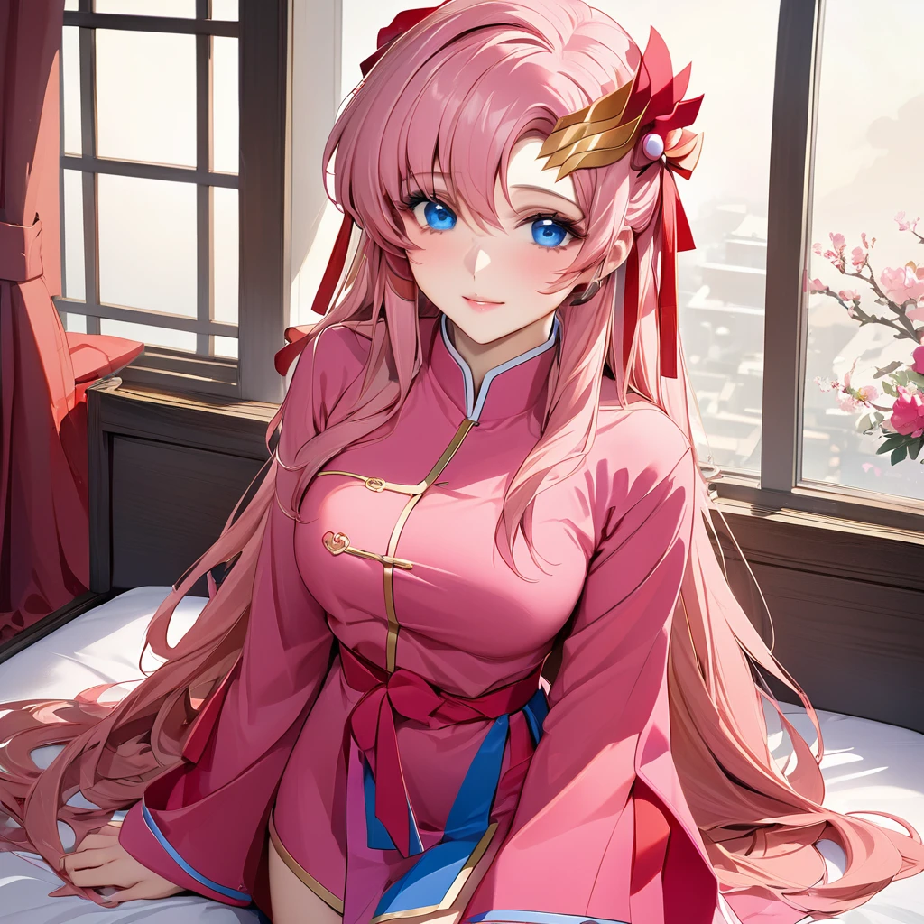((Highest quality)), ((masterpiece)), (detailed), （Perfect Face）、The woman is Lacus Clyne, who is married to a Chinese man, and is an ordinary Chinese woman with blue eyes, pink, medium-long hair, and an engagement ring.、The woman is dressed in typical Chinese clothing.