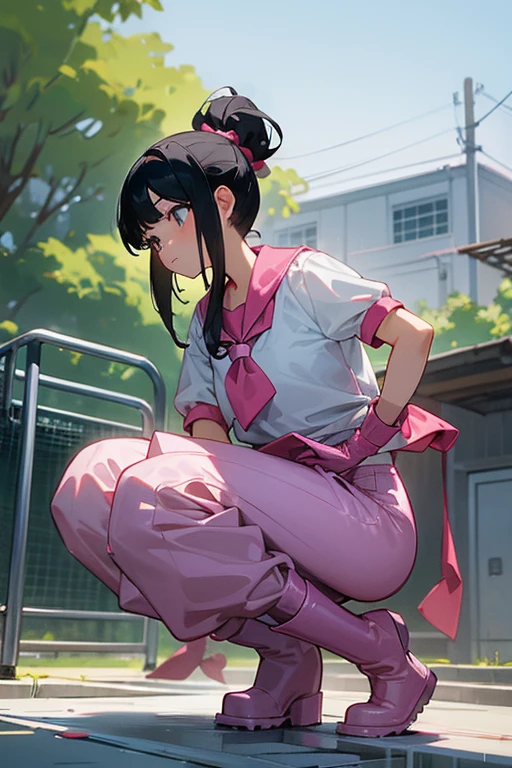 (1 girl) asian girl, bobcut hairstyle, 2 toned Brown hair, medium bust, schoolar uniform, serious face, munching gum, pink eyes