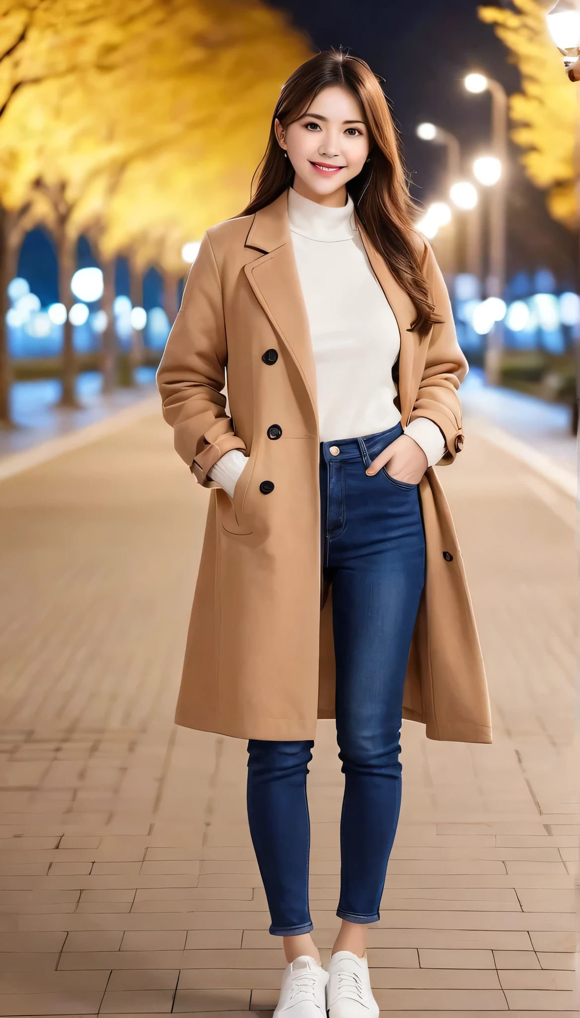high quality,16K:1.1),(Depth of written boundary:1.3) ,Full body photo、Standing woman、smile、Wearing a coat、shirt、Skinny jeans、sneakers、View your viewers:1.3),(Full Body Shot:1.2),Background is a park at night