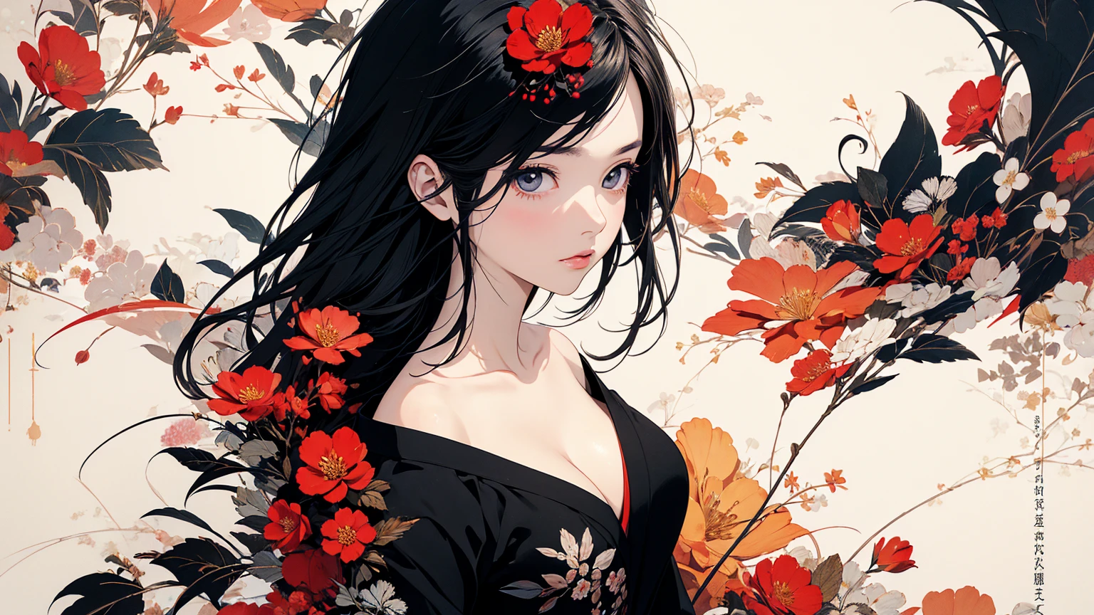 (masterpiece, High resolution, Highest quality), 20-year-old woman, Exposed cleavage, Japanese-style punk fashion:1.2, Petal Collage, abstract design, And handle background, warm color, artistic juxtapositions, mixed-media approach, Anime Style, Simple lines, Digital Painting,
