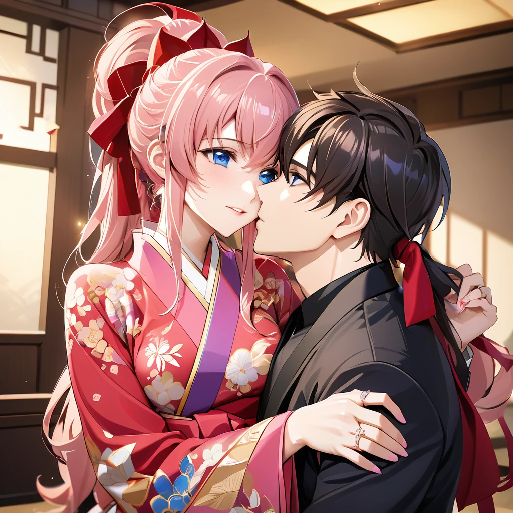 ((Highest quality)), ((masterpiece)), (detailed), （Perfect Face）、The woman is Lacus Clyne, with blue eyes and semi-long pink hair tied up in a ponytail. She is dressed in a gorgeous red wedding kimono with gold embroidery and trim, and is adorned with gorgeous accessories and an engagement ring.、The woman and a handsome, dignified middle-aged Chinese man embrace each other, kiss each other, and hold a grand wedding ceremony.