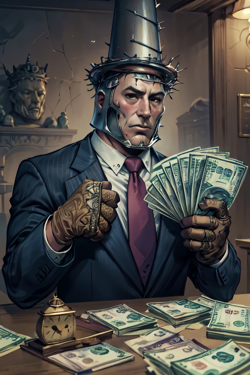 (masterpiece, best quality, 4k, detailed, intricate, realistic),penitentonedef,helmet, stone face, faceless,brown gloves,gangstersb,upper body, money, holding, holding money, thumbs up, suit, jewelry, necktie, sonic