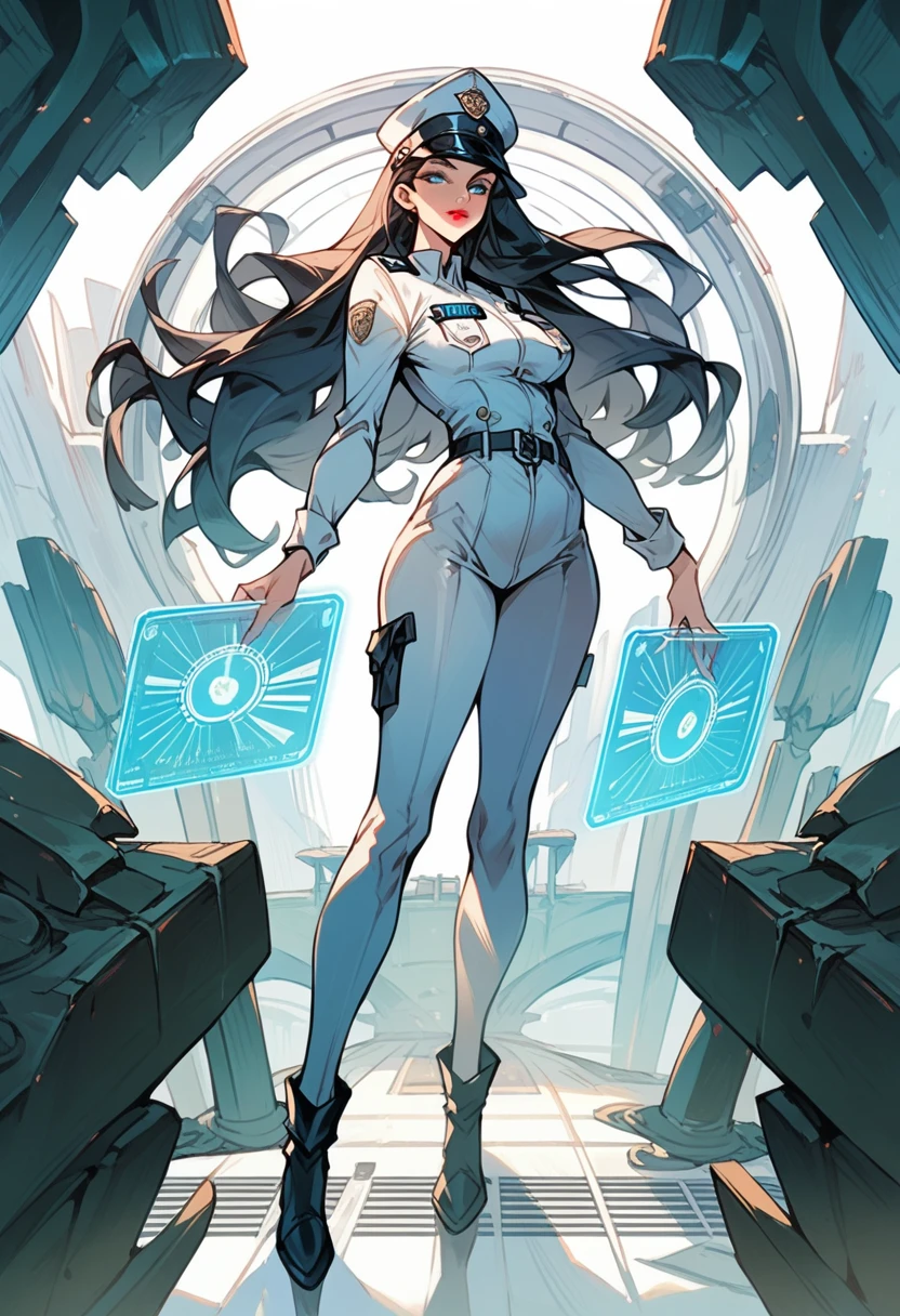 (High Definition) defined face, full body image, hologram of a beautiful woman, long dark hair and blue eyes, pale red lips, wearing sexy tight white military officer outfit with miniskirt, standing in the middle of the bridge of a spaceship.