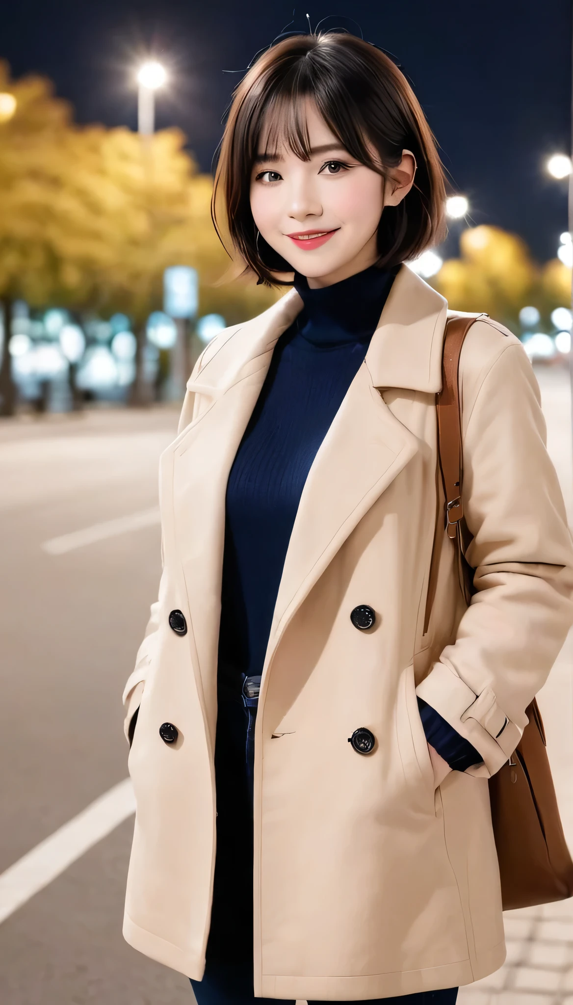 high quality,16K:1.1),(Depth of written boundary:1.3) ,Full body photo、Standing woman、smile、Short Haircut、Black Hair、Wearing a coat、shirt、Skinny jeans、sneakers、View your viewers:1.3),(Full Body Shot:1.2),Background is a park at night
