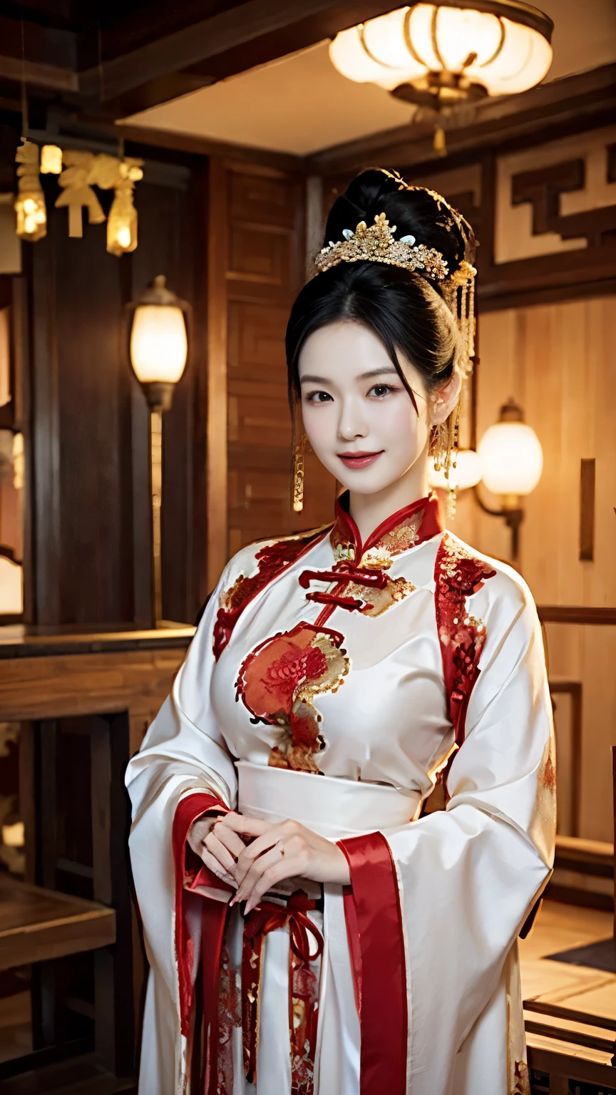 Front view, standing pose, looking at viewer, Chinese, 30 years-old, One of the three most beautiful women in the Chinese, A beauty known all over the world, (light Black hair, beautiful lip, smile, earring ), (big breasts, slender whist, wide hip ) ,(Silk Chinese clothing ,background wear color is white, Royal clothing, Chinese shoes ), in Chinese haven