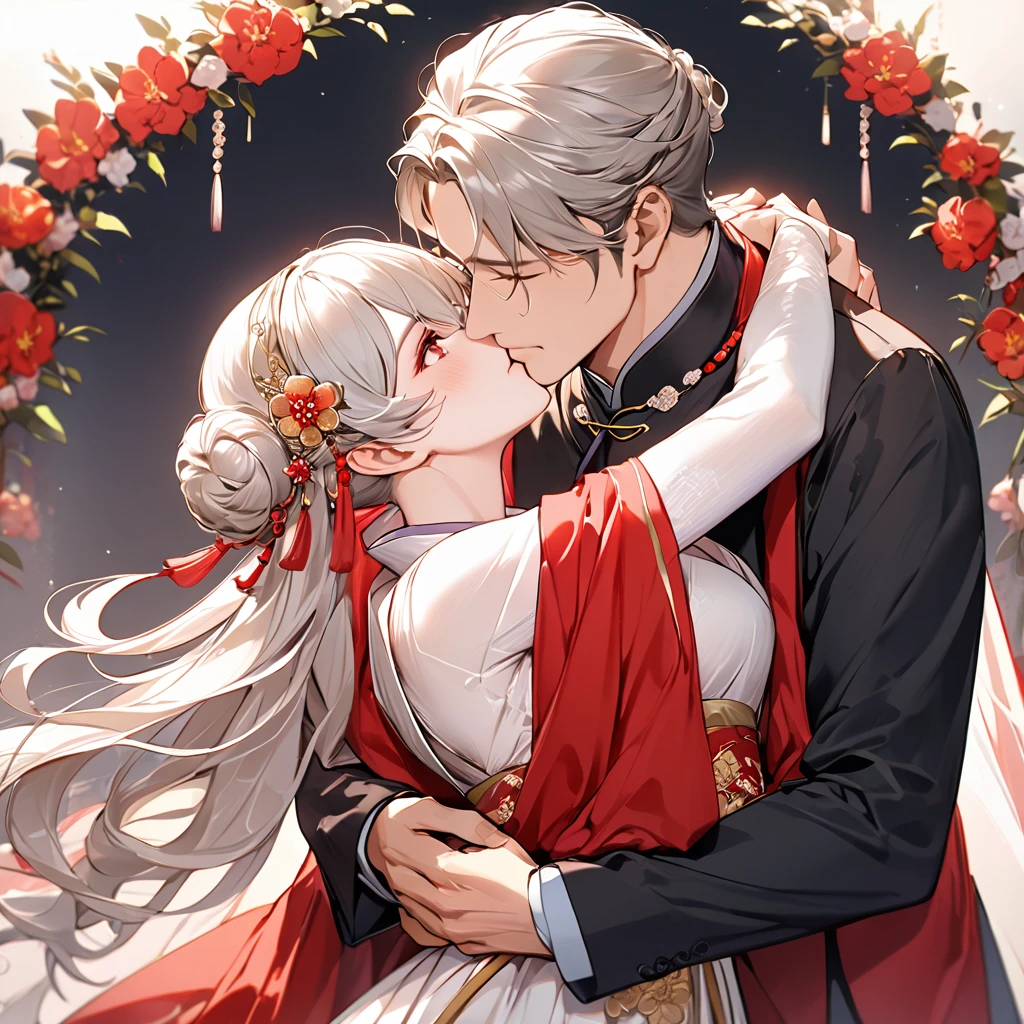 ((Highest quality)), ((masterpiece)), (detailed), (Perfect Face)、The woman has her medium-long silver hair tied up in a bun, is wearing a gorgeous red wedding Hanfu with gold embroidery and trim, and is lavishly dressed with gorgeous accessories and an engagement ring.、The woman and a handsome, dignified middle-aged Chinese man embrace each other, kiss each other, and hold a grand wedding ceremony.
