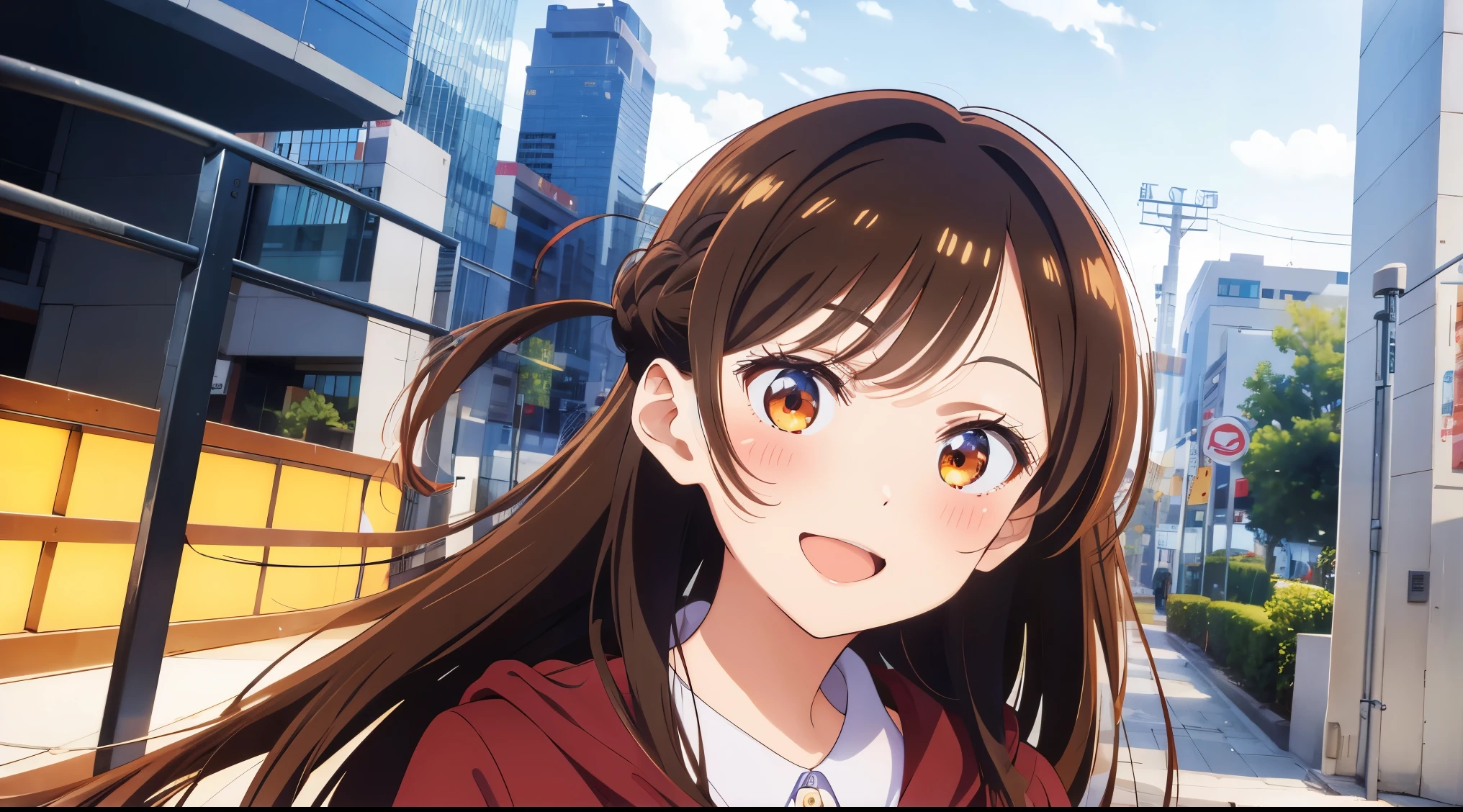 Mizuhara Chizuru, adult woman, fund: Tokyo city, happy facial expression, beautiful smiling, アニメ