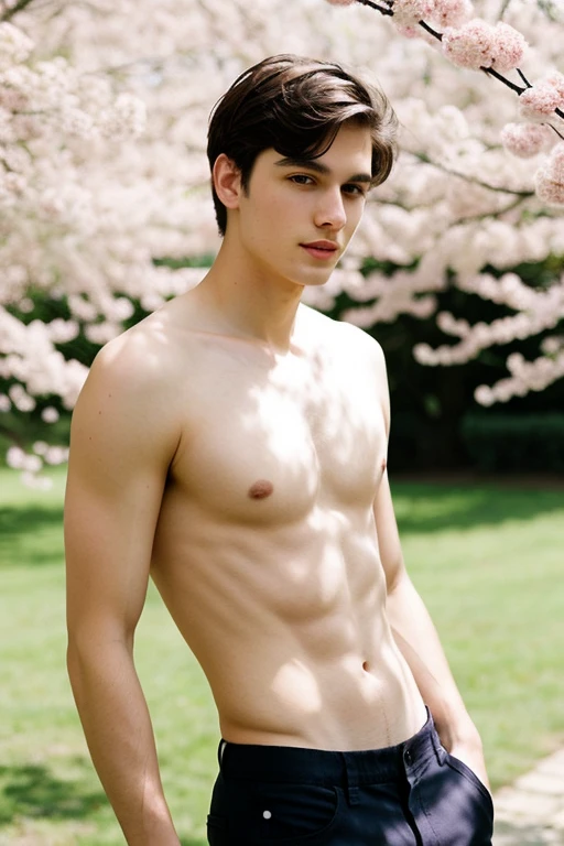 Young cute handsome face beautiful white skinny soft skin in a plum garden