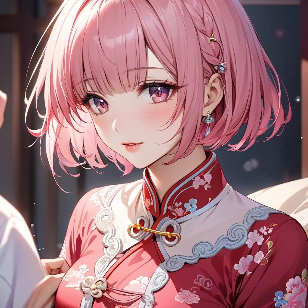 ((Highest quality)), ((masterpiece)), (detailed), (Perfect Face)、The woman is Momo Belia Deviluke, who is married to a Chinese man, and is an ordinary Chinese woman with pink short bob hair and an engagement ring.、The woman is dressed in typical Chinese clothing.