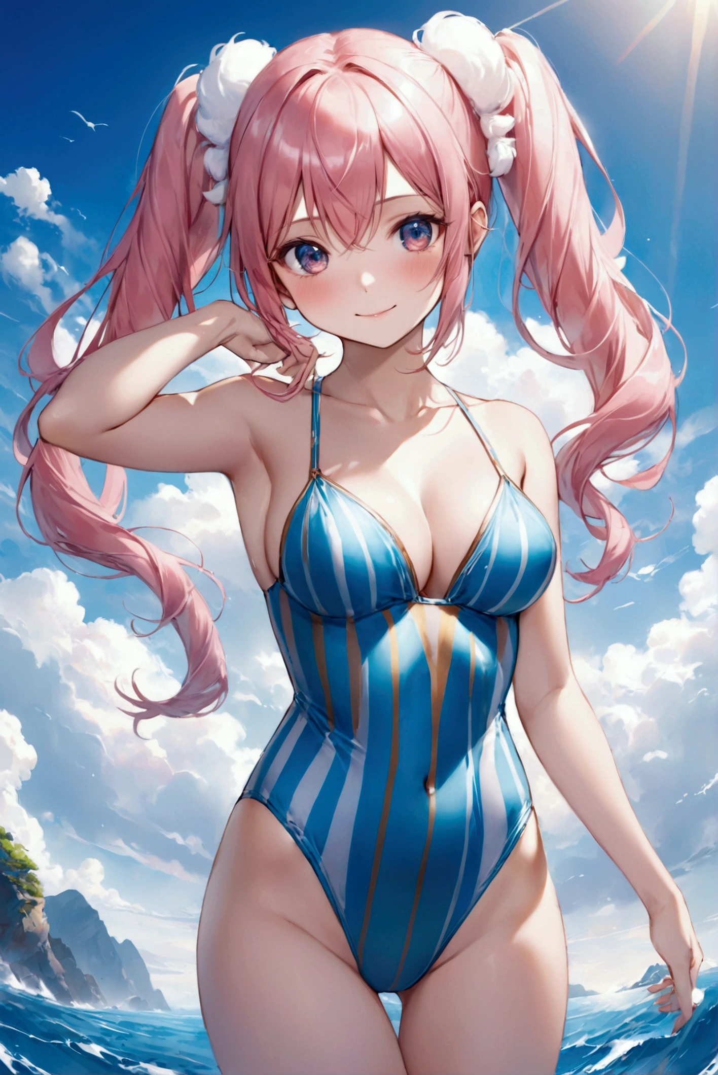 (highest quallity, 8k, 32 mil, work of art, ultra-high resolution,:1.2),To be born, a girl,super fluffy , naturallight,clearing, glare eyes, 20 years old ,skin fair,  with pink hair, warrior woman, pose sexy, An innocent smile, A fantasy setting reminiscent of an electronic world, twintails, long hair, long hair, breasts big, grown-up, Striped swimsuit , maiô listrado azul clearing e branco, ocean, ocean岸