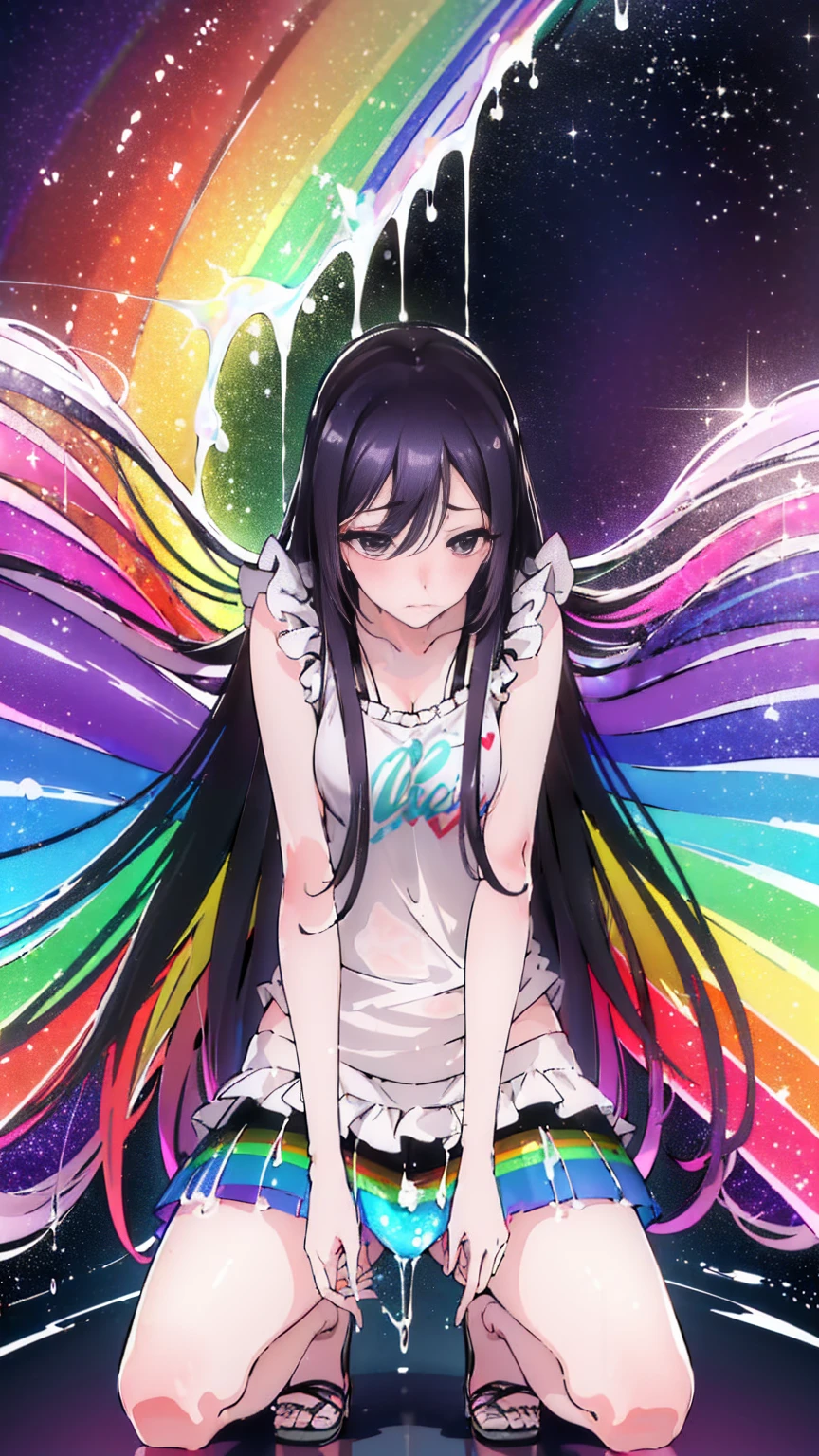 (((Rainbow liquid spurting from between her legs ))),1girl, solo, heart,white pantie underwear ,dawn ,lamp light, squatting,pantie,white pantie,low angle,BREAK,high leg,crotch,(((eMbarrassed,long hair))),shirase_Sakuya/(idol_M@ster/),black straight hair