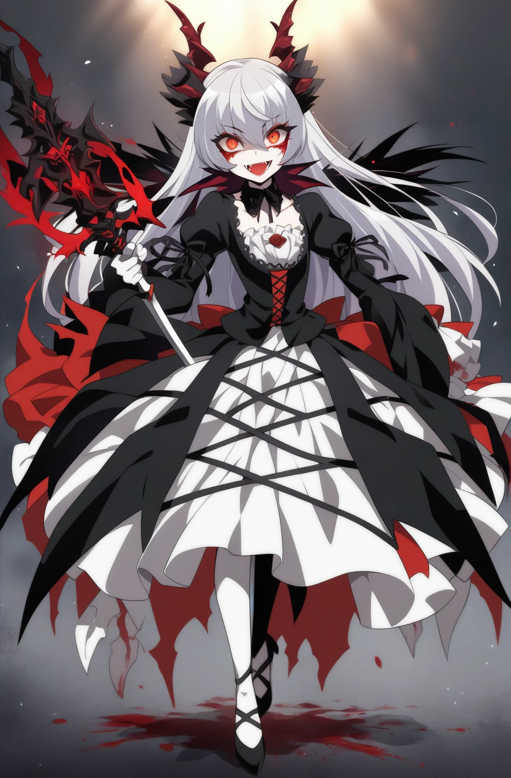 a closeup of a person with a sword and a dress, Gapmoe Yandere Grimdark, demon anime girl, Intricate Yandere, young pale ghost, will tear the fallen blood, dark demonic dancer, anime monster girl,  in dress, high quality anime art style, anime splash , pfp discord, cartoon character; full body art