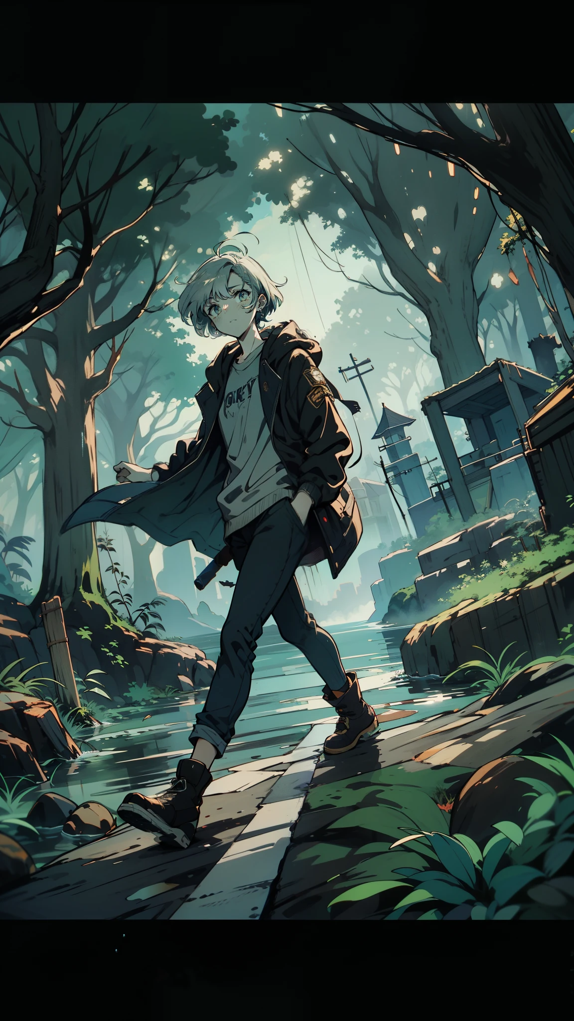 (high quality), (masterpiece), (detailed), 8K, ager, pale with fright, cautiously navigates (cursed forest1.3) where air is thick with foreboding. Crumbling remains of (forgotten colony1.3) partially visible through dense undergrowth, every step echoes with (dark secrets1.2) of haunted woods. fantasy world, dark background, clean design, epic, artstation, colorful paint splatter, silhouette, hyper detailed intricate details, unreal engine, fantasy, splash screen, complementary colors, deviantart masterpiece, oil painting, heavy strokes, paint dripping, indifferent expression