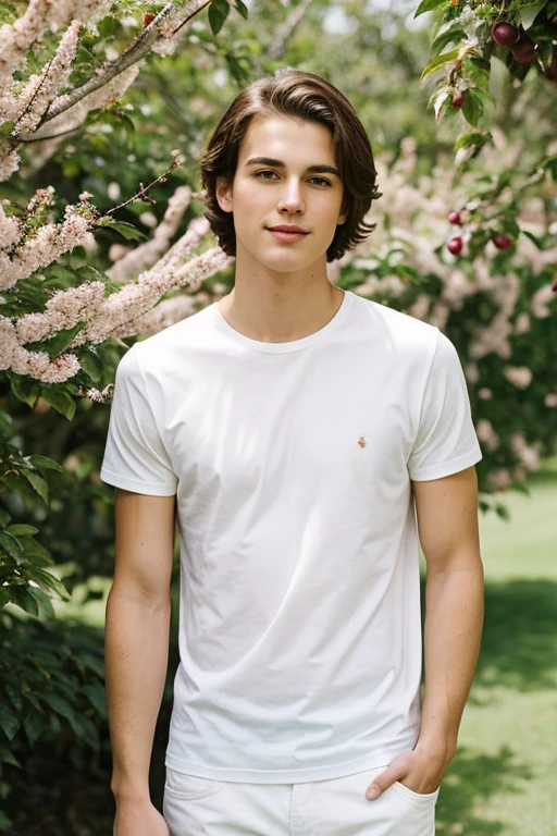 Young cute handsome face beautiful white skinny soft skin in a garden picking plum
