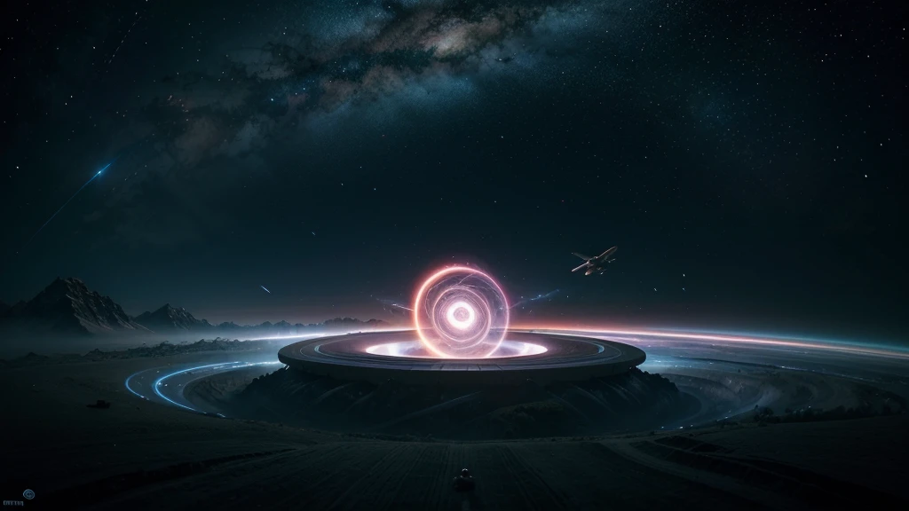 Sci-fi conceptual art, spiral Ying and Yang forces are core balancing factor of the world, wormhole, flying vehicle flying through, vivid colorful cosmos as background.