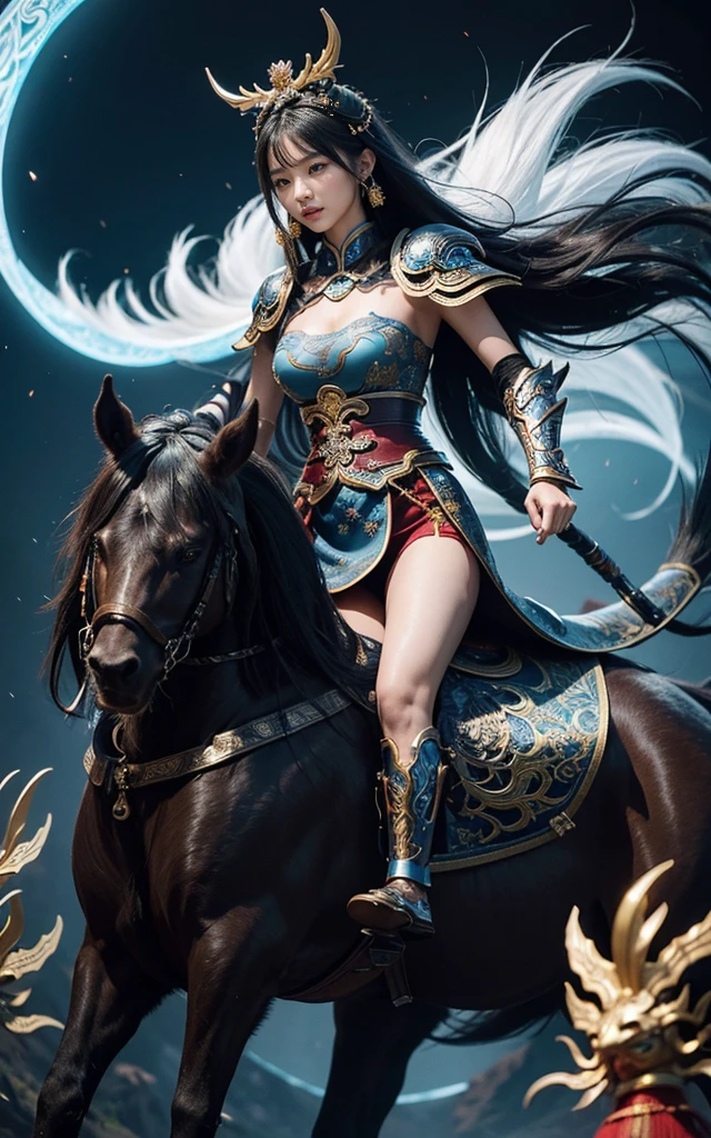 （Beautiful Chinese woman riding a Chinese mythical beast），Kirin，Wearing future armor combined with the characteristics of Chinese armor,hollow-carved design,Power Armor,Mysterious oriental runes,Exquisite clothing patterns，Long hair fluttering in the wind,现代Fantasy风格,photography,Light Solution,real，Fantasy，Science Fiction