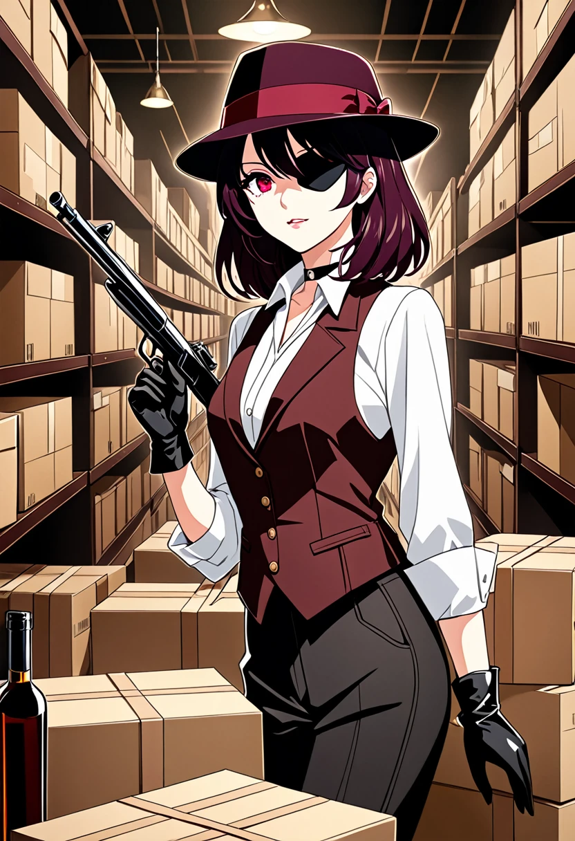 anime style, highest quality, woman, 40 years, long dark burgundy hair, black blindfold on one right eye, brown coat, black vest, black pants, White shirt, choker with ruby, black fedora hat, leather gloves, is in stock, in the back there are boxes with alcohol and weapons, 1929 year, no alcohol law