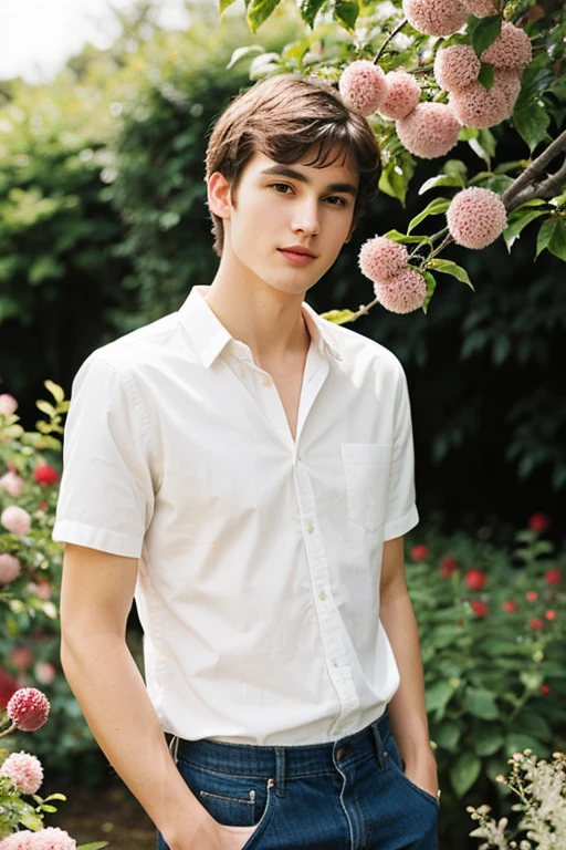 Young cute handsome face beautiful white skinny soft skin in a garden picking plum