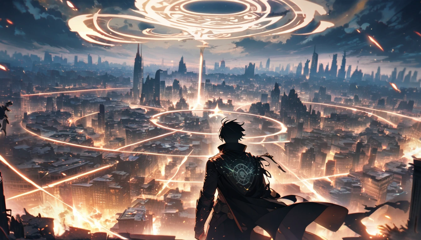 A pale magic circle floating in the air, ,The hero who stopped the world from being destroyed, The back of the character, City as background